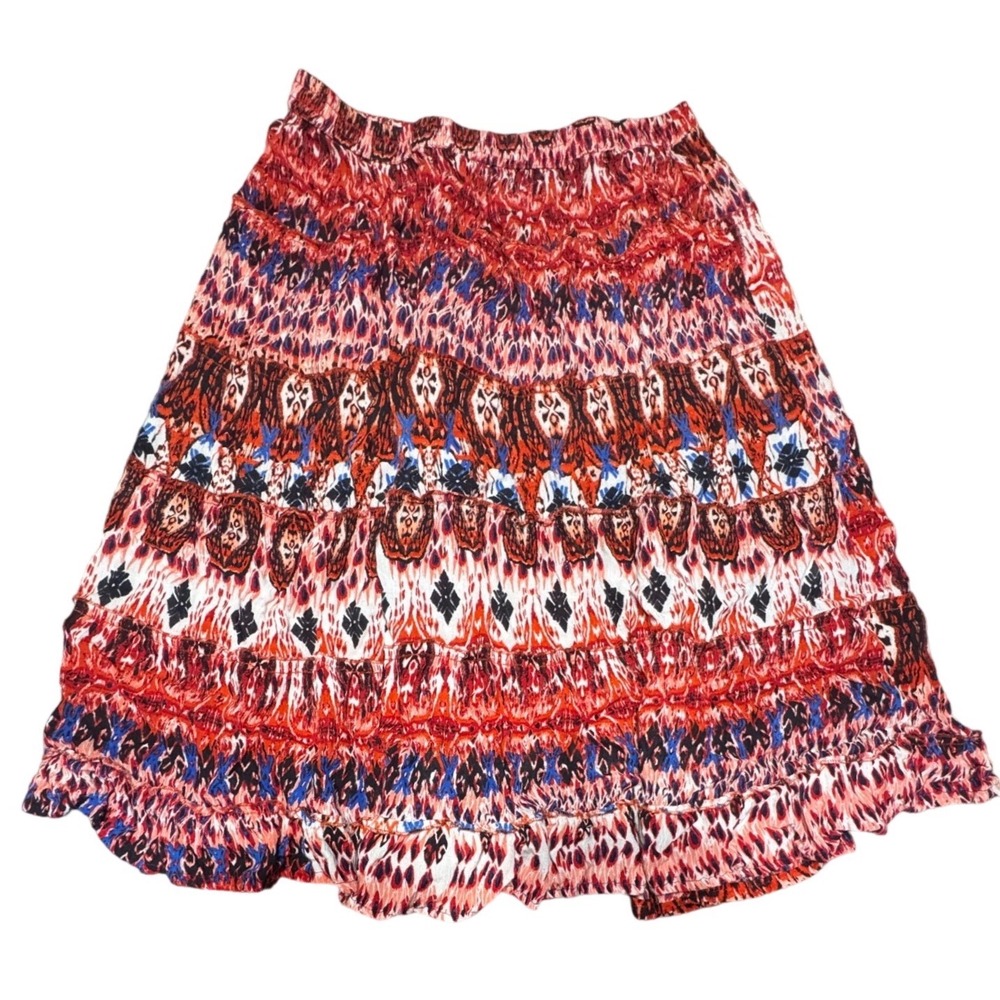 Geometric Tiered Ruffle Skirt Women Size M Ikat Red Multi Color Boho